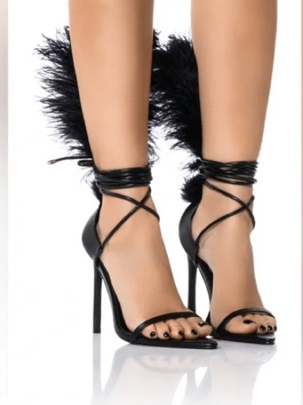 Black Feather Ankle-Tie Stiletto Sandals